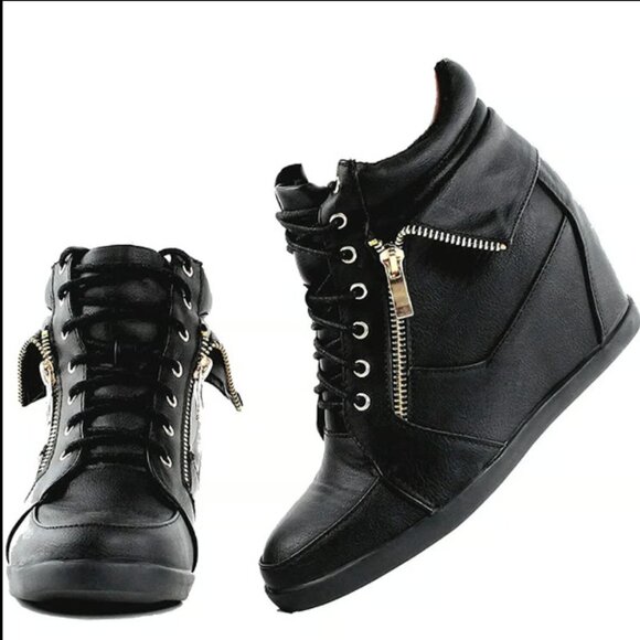 Lucky Top Kids Girls Leatherette Lace-Up High Top Hidden Wedge Black Sneakers - Picture 1 of 7